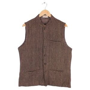 Vintage Fabindia Nehru Brown Tweed Vest Button Front Wool Sleeveless Size 40